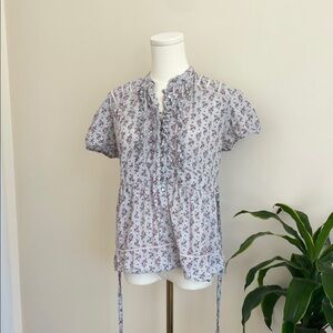 Floral 100% Cotton Ruffle Blouse - Blue and Purple